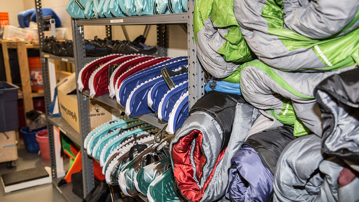 A stack of equipment available to rent at the SJC Outdoor Equipment Rental Center