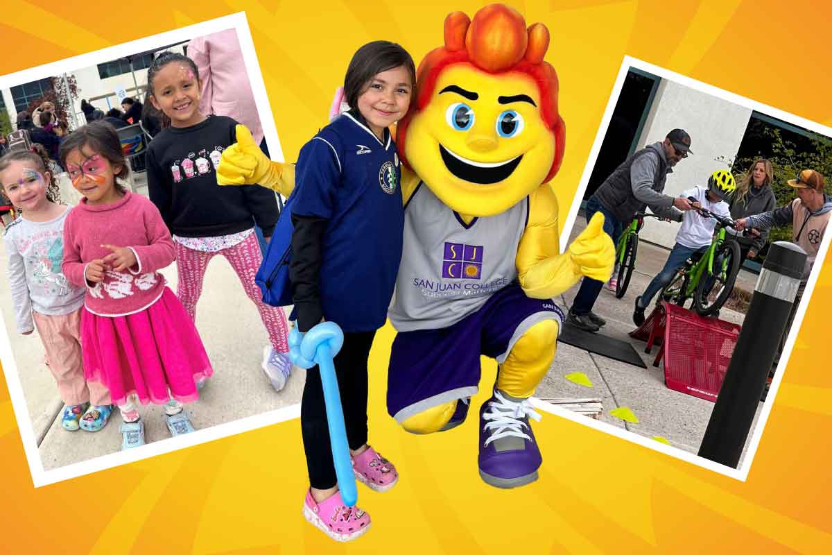 Group of kids at the Dia de los Ninos event with their faces painted, SJC Blaze mascot posing with a young girl, and a young rider learning how to do a ramp on a bike with FAST.