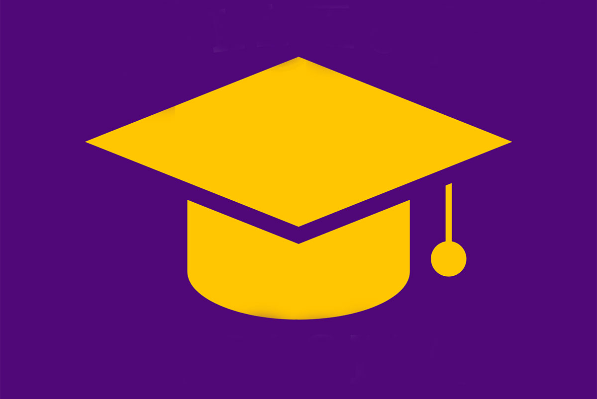 Purple background with a yellow graduation cap on top