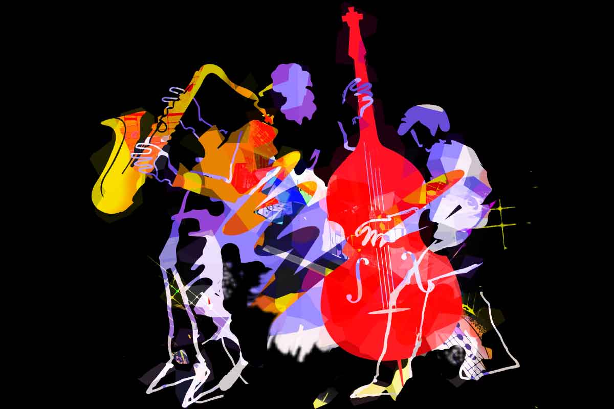 A splash paint of jazz players in a variety of colors.