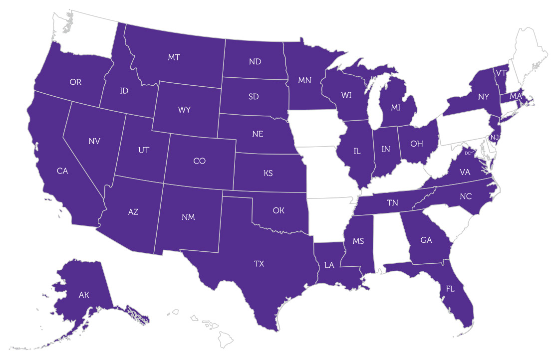 Home States of PTA Online Students. The states colored purple show where online students reside